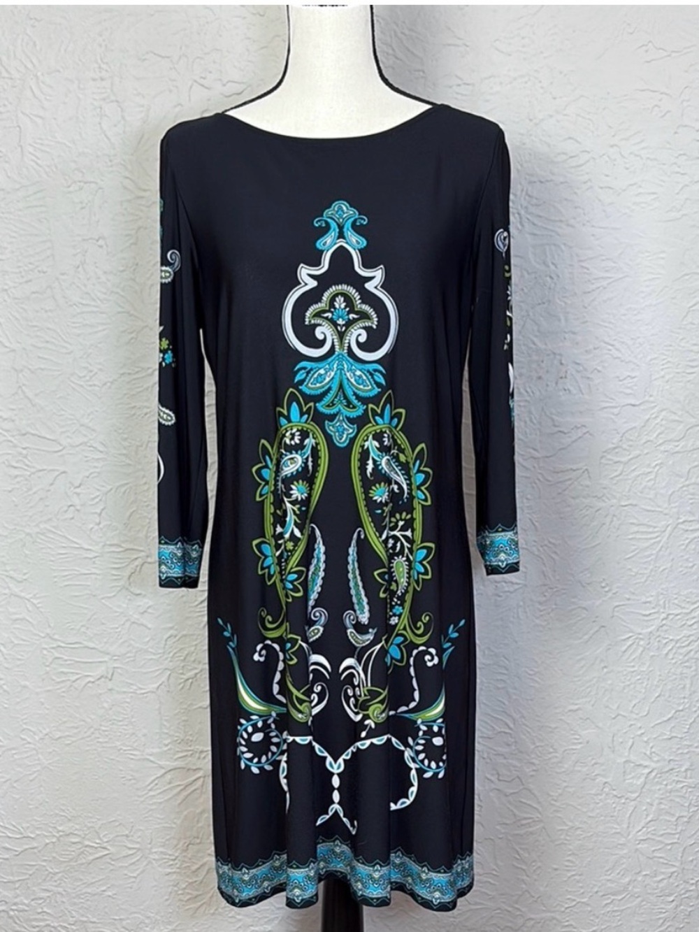 London Times Black and Blue Patterned Dress